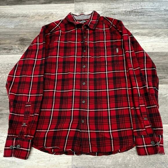 Eddie Bauer Flannel Shirt Red‎ Black Mens XL Tartan Plaid Long Sleeve Button Up - Picture 1 of 10